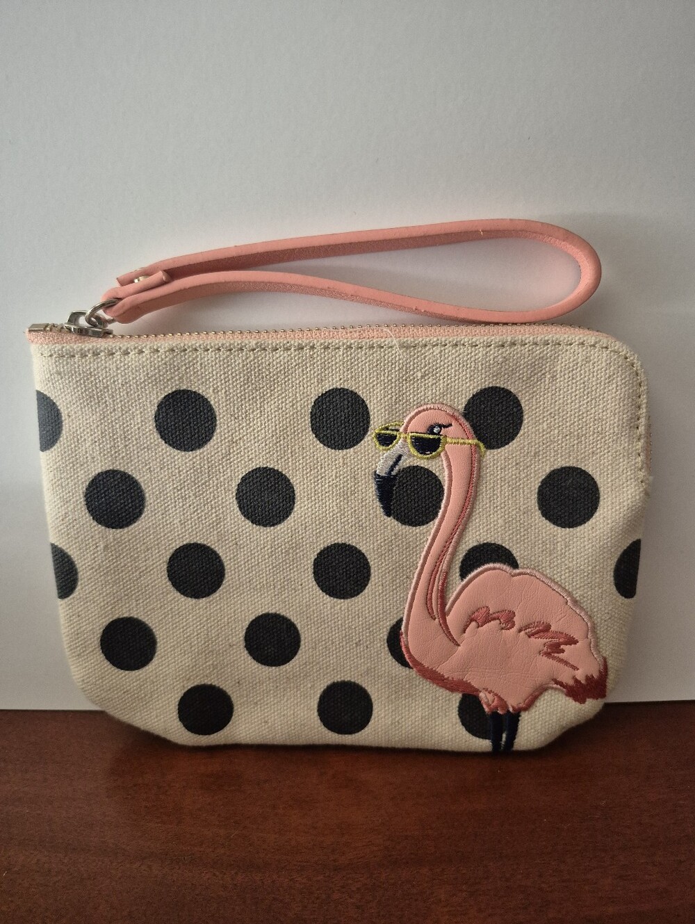 Polka Dot Flamingo Wristlet - Pink & Black